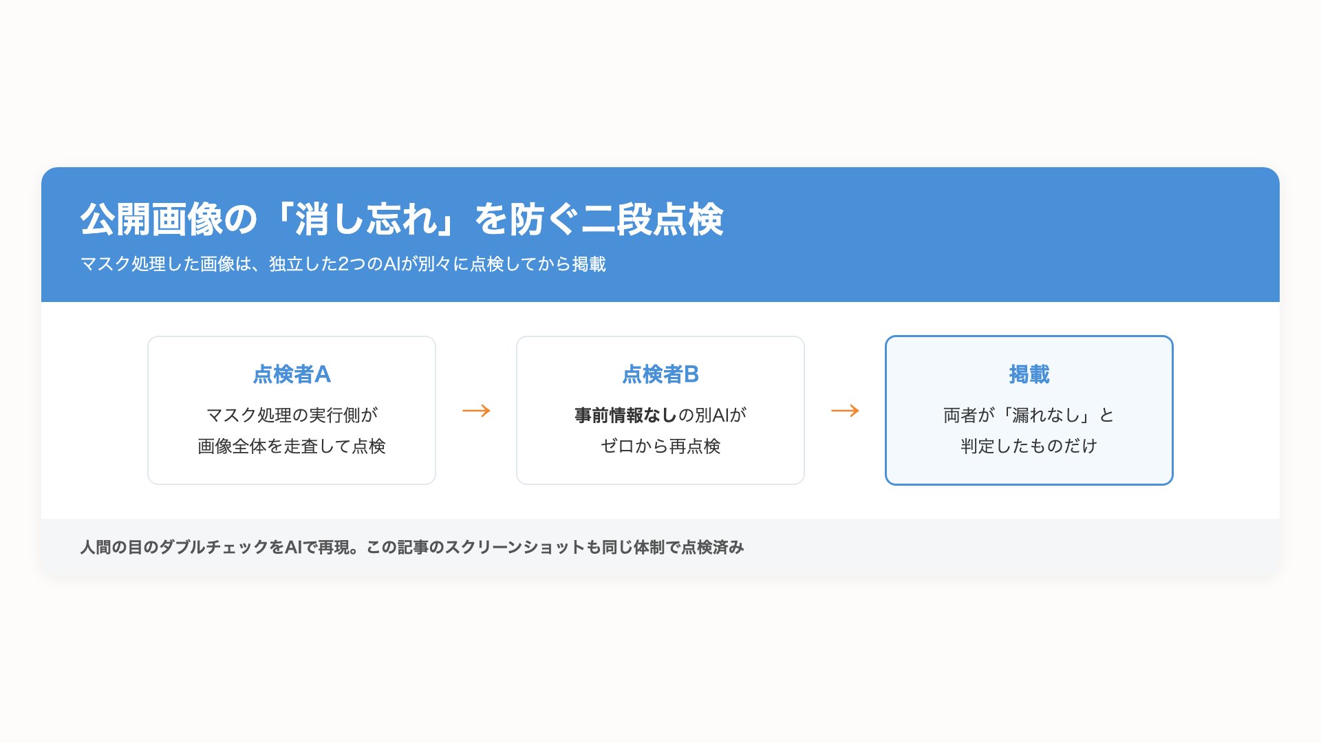 マスク済み画像を点検者Aが全面走査し、事前情報なしの点検者Bが再点検してから掲載する二段点検体制の図